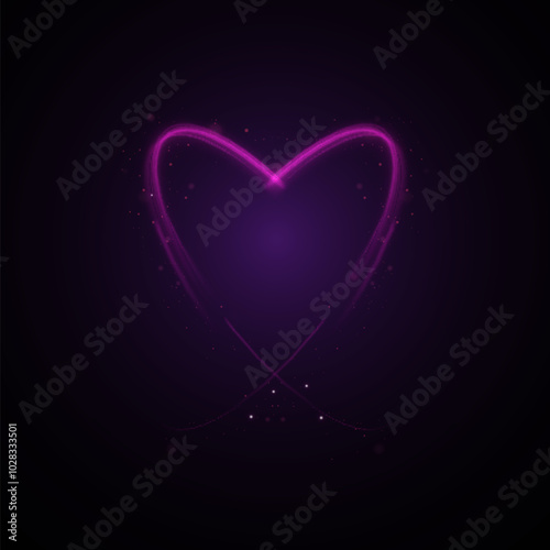 Bright neon purple heart shaped frame with shimmering light effects. Valentine's Day design element. Vector