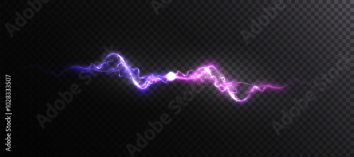 Bright purple lightning glow. Realistic bright electric lightning discharge effect. Vector 10 EPS