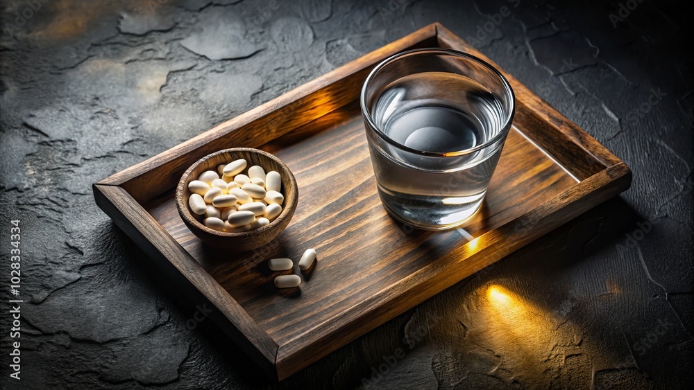 Collagen Powder, Pills, and Water Glass in Silhouette Photography on Wooden Tray for Wellness and Beauty Collagen Powder, Pills, and Water Glass in Silhouette Photography on Wooden Tray for Wellness and Beauty