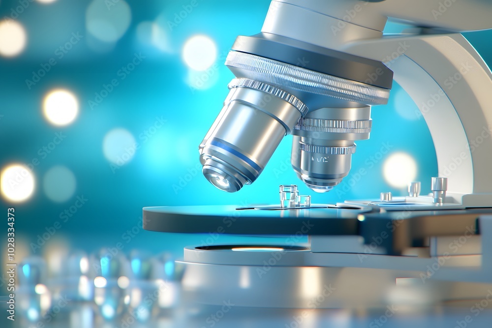 Close-up of an advanced microscope in use, highlighting the precision and technology behind medical research. In the background is a blurred laboratory with a blue color theme Close-up of an advanced microscope in use, highlighting the precision and technology behind medical research. In the background is a blurred laboratory with a blue color theme