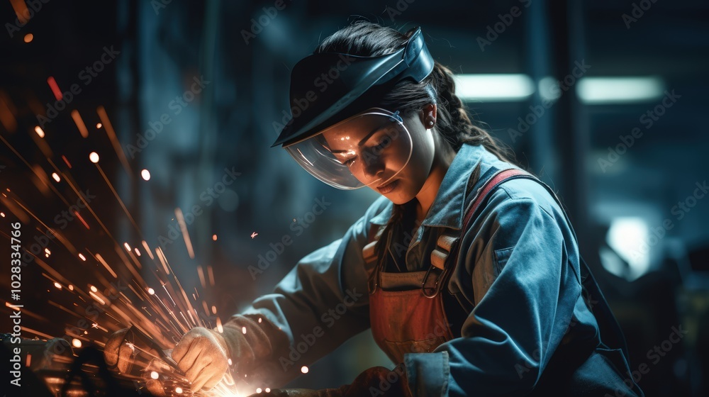A Woman Welding a Metal Piece in a Protective Mask A Woman Welding a Metal Piece in a Protective Mask