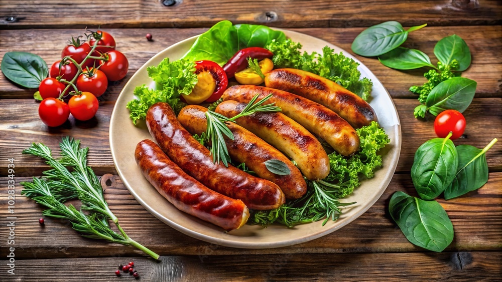 A plate of roasted sausages adorned with fresh herbs and vegetables, a rustic culinary delight A plate of roasted sausages adorned with fresh herbs and vegetables, a rustic culinary delight