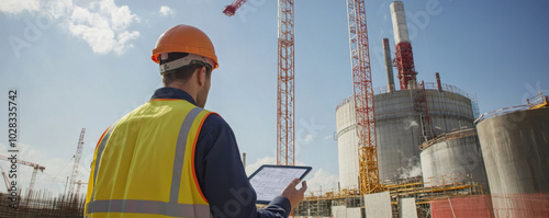 nuclear engineer supervises construction of facility, ensuring safety and efficiency. scene captures dynamic environment of construction site with cranes and machinery