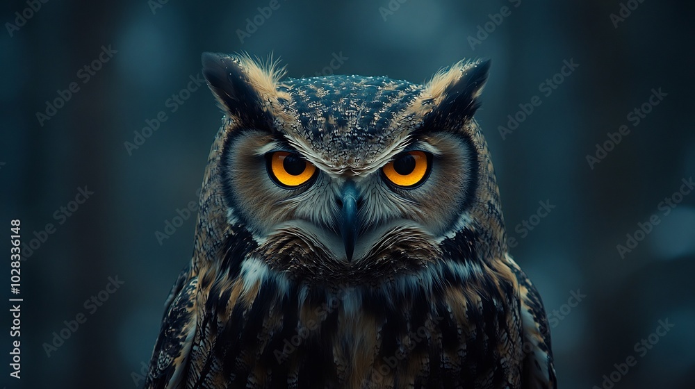 Closeup of eagle owl perched on a branch intense yellow eyes and sharp talons dark forest background Closeup of eagle owl perched on a branch intense yellow eyes and sharp talons dark forest background