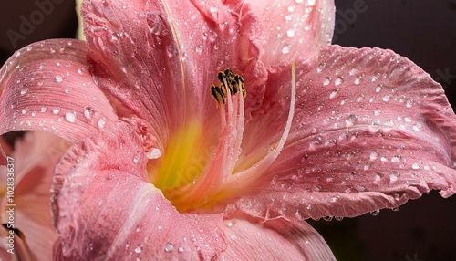 A close-up of a pink daylily with intricate veining in its petals, droplets of dew glistenin  photo