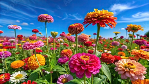 A vibrant field of multicolored zinnias blooming under a clear blue sky