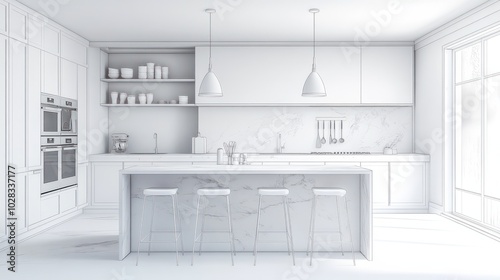 White kitchen with a white marble island, white stools, and white hanging lights.