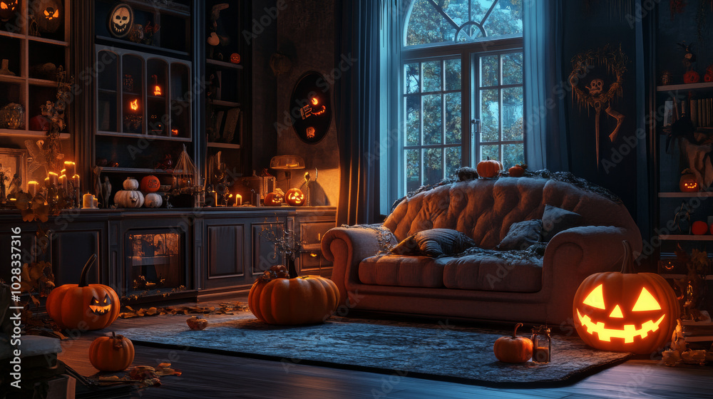 Obraz premium A Halloween-themed living room decorated with spooky charm, featuring a cozy sofa, poufs, and a collection of carved pumpkins. The room is filled with festive touches like eerie decorations, cobwebs, 