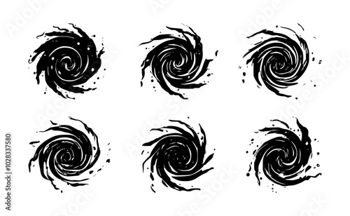 set of spiral galaxy silhouettes on isolated background