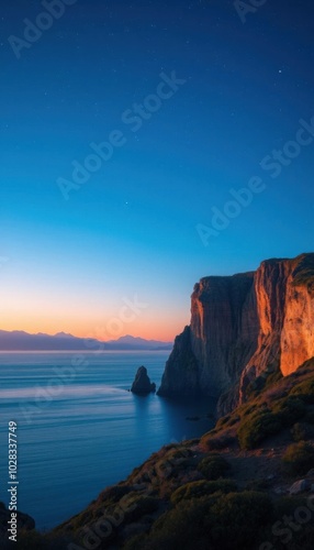 cliff overlooking the ocean at night with a stalled sky, cliff side at dusk, mountains and ocean, high quality wallpaper, photography shot at blue hour, high-quality wallpaper