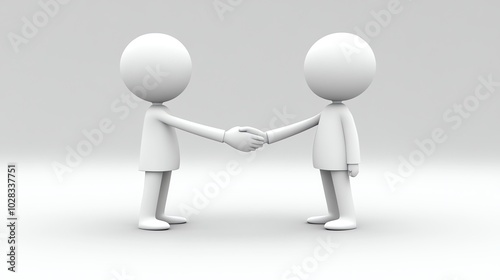 Two white 3D figures shake hands against a white background.