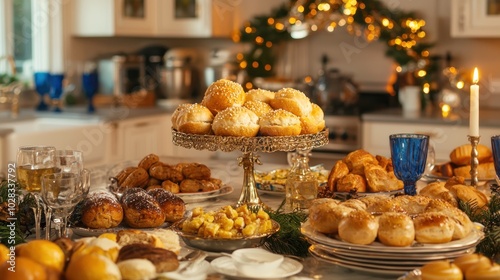 A warm and inviting kitchen scene filled with traditional Hanukkah foods and decorations. photo