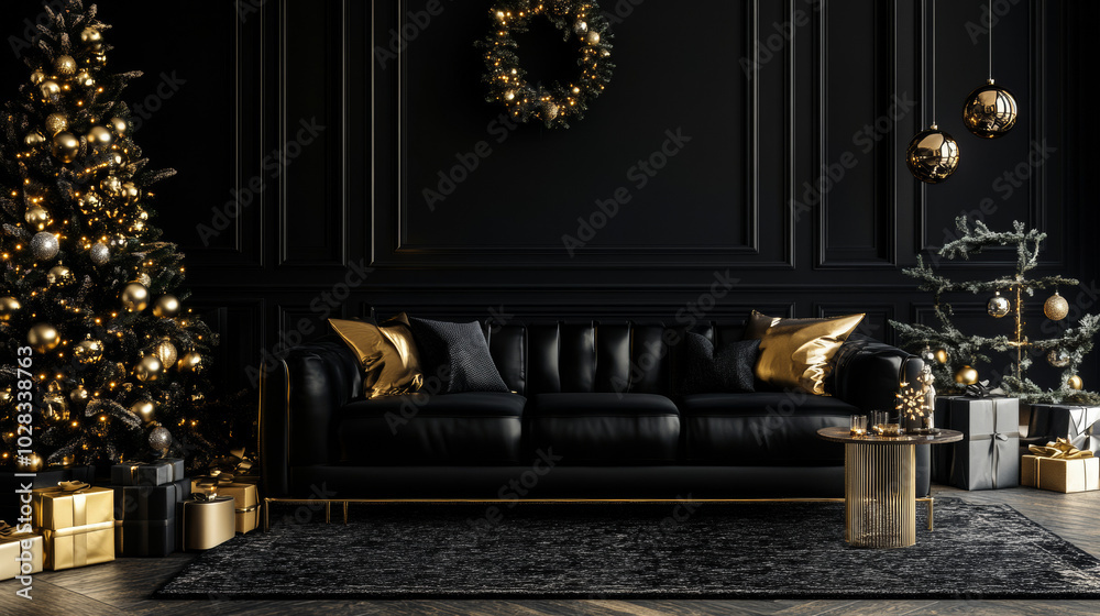 Merry Christmas and Happy Holidays! A beautifully decorated, modern black living room for Christmas, featuring a chic sofa adorned with festive touches in golden style. The luxurious black-themed inte