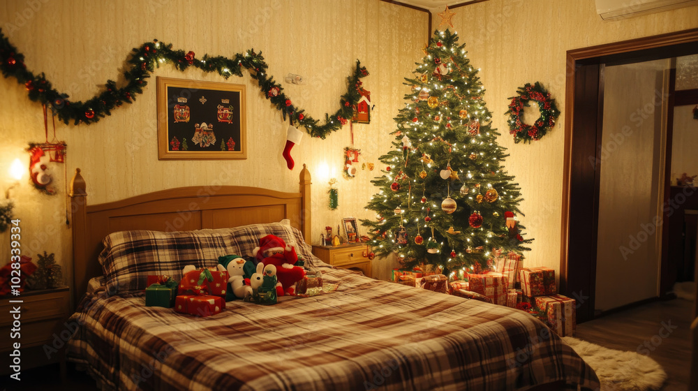 A cozy Christmas-decorated bedroom featuring a wooden bed with a plaid blanket, bathed in soft, warm light. In the corner of the room stands a beautifully decorated Christmas tree with colorful orname