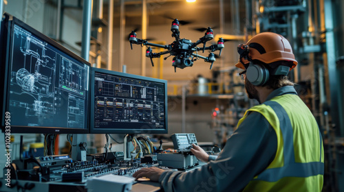 nuclear engineer monitors advanced technology in control room, showcasing drone and multiple screens displaying complex data. environment reflects high tech industrial setting