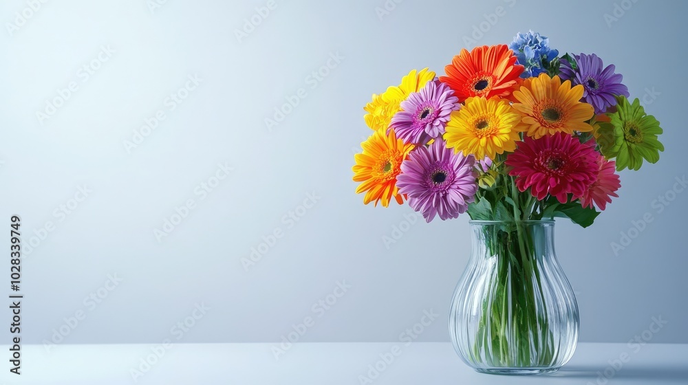 Fototapeta premium A vibrant floral bouquet in a glass vase, showcasing colorful blooms on a clean, minimalist background, perfect for lifestyle stock photography