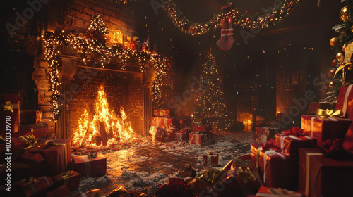 A Christmas tree adorned with twinkling lights and surrounded by festive gifts, placed inside a cozy living room with a crackling fireplace. The scene creates a warm and inviting holiday atmosphere, p