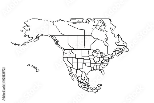 North America map with regions. USA, Canada, Mexico map. Outline North America map on white background.line art vector illustration, line drawing map.