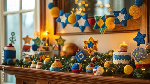 A display of handmade Hanukkah decorations featuring dreidels and stars of David on a mantel. photo