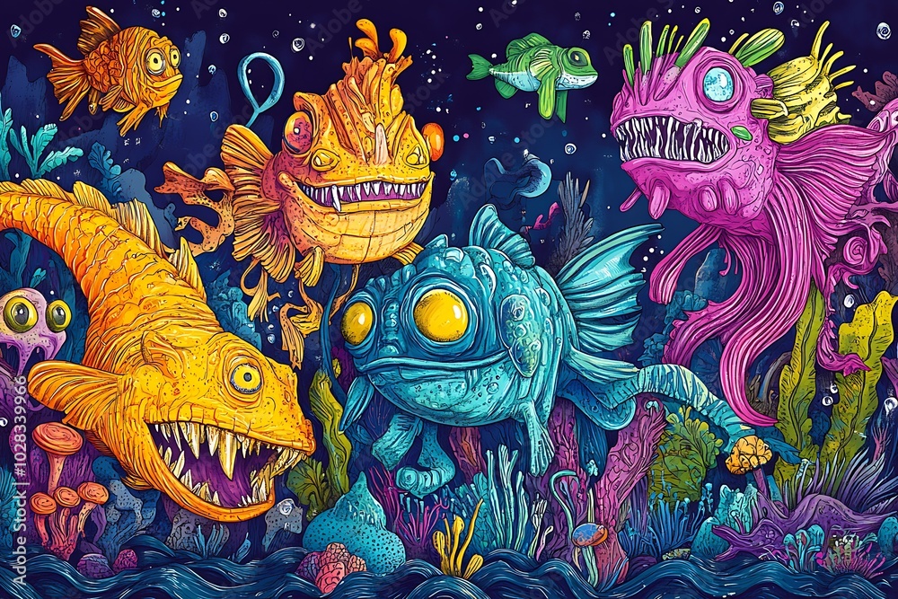 Naklejka premium Fantasy Fish and Coral Reef Scene.