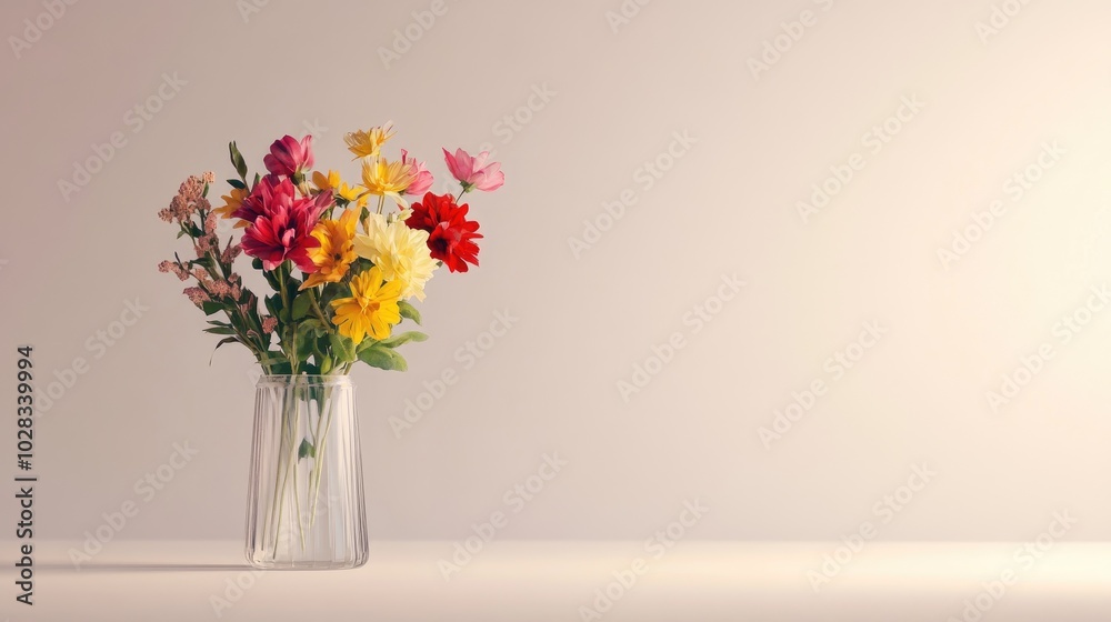 Bright floral arrangement in a clear glass vase, featuring colorful flowers on a neutral, minimalist background, perfect for lifestyle content Bright floral arrangement in a clear glass vase, featuring colorful flowers on a neutral, minimalist background, perfect for lifestyle content