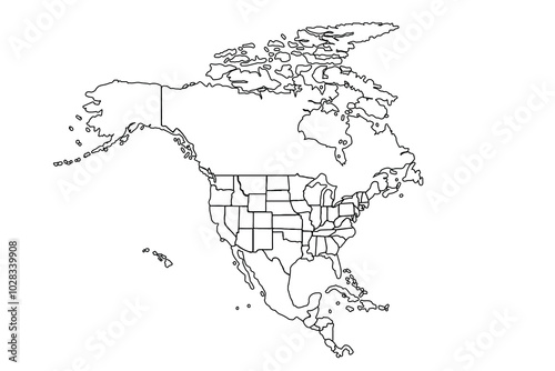 North America political map Vector illustration.line art vector illustration, line drawing map.