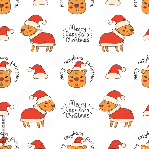 Christmas Capybara Seamless Pattern with Text. Comic Xmas background with whimsical rodent wearing traditional holiday clothes and santa hat with greeting quotes.