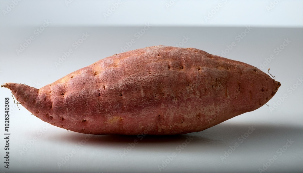 A whole sweet potato with a small section cut off, revealing its inner orange flesh, placed A whole sweet potato with a small section cut off, revealing its inner orange flesh, placed