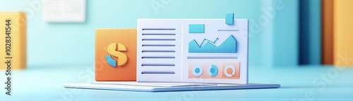 3D icon of a financial report with attached documents and graphs, flat design, side view, business management theme, cartoon drawing, Splitcomplementary color scheme