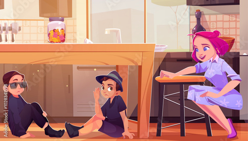 Mother finds children hiding in kitchen. Vector cartoon illustration of teen girl and boy in black spy suits sitting under table, woman smiling at teen siblings having fun home, sunlight in window