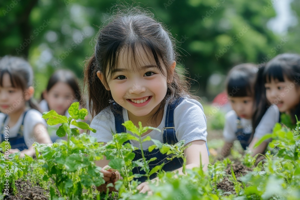 Elementary School Children Planting Trees in Outdoor Classroom for Environmental Education Elementary School Children Planting Trees in Outdoor Classroom for Environmental Education