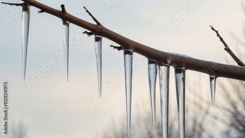 Icicles Hanging From a Bare Branch in Winter.