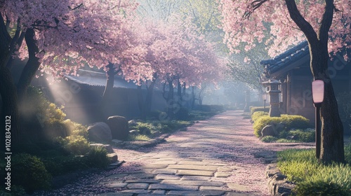 A peaceful morning in Kyoto, with cherry blossoms in full bloom along the pathways of a traditional Japanese garden. The soft pink petals create a dreamy, tranquil atmosphere