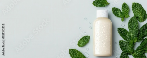 Antidandruff shampoo bottle with fresh mint leaves and water droplets photo