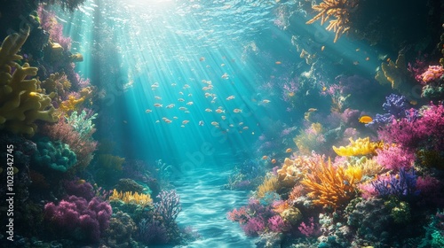 Wallpaper Mural A mystical underwater scene, with colorful coral reefs and schools of exotic fish swimming in the clear blue water. Sunlight filters down through the surface, casting a magical glow Torontodigital.ca