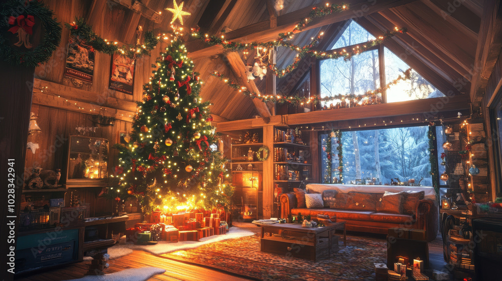 Fototapeta premium Create an illustration featuring a cozy living room interior, complete with a sofa, a mirror, a beautifully decorated Christmas tree, and festive decorations. The design should evoke the warmth and ch