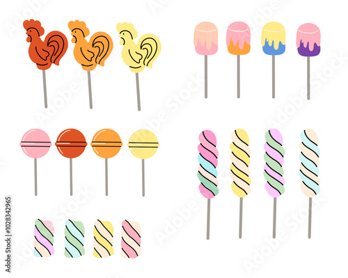 Sweets and candy on stick. Caramel, toffee, different lollipop, marmalade. Confectionery shop elements. Christmas and birthday kids present cartoon flat isolated illustration