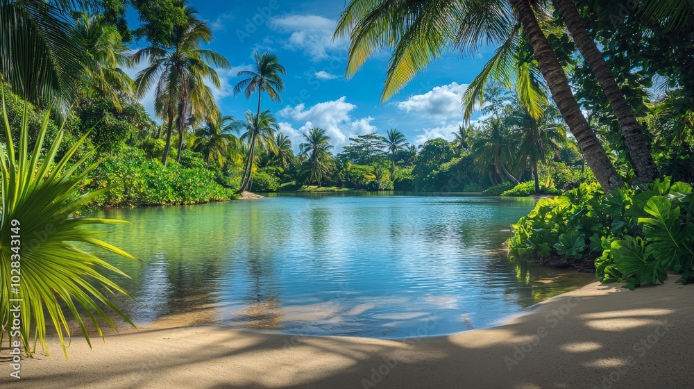 Fototapeta premium A peaceful lagoon bordered by lush, tropical greenery and soft, golden sand. The still, crystal-clear water reflects the surrounding palm trees and the bright blue sky above.