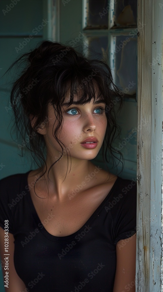 Fototapeta premium Beautiful Woman with Blue Eyes and Black Hair