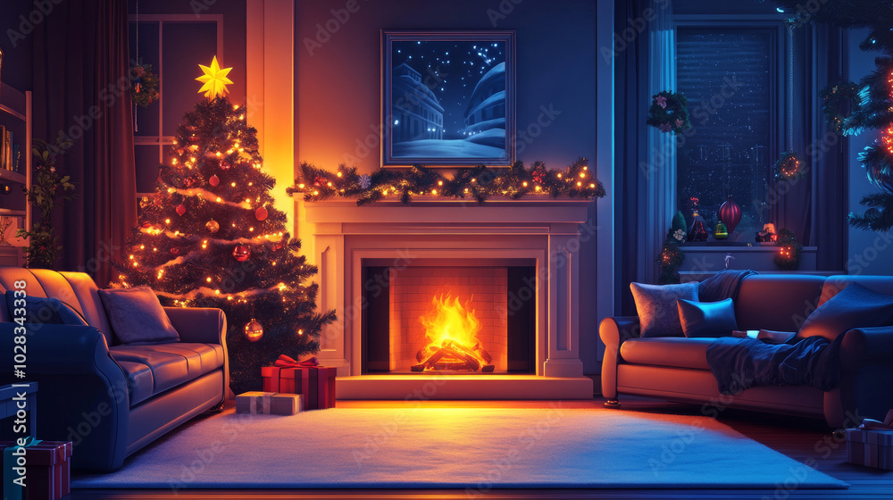 Create an illustration featuring a cozy living room interior, complete with a sofa, a mirror, a beautifully decorated Christmas tree, and festive decorations. The design should evoke the warmth and ch Create an illustration featuring a cozy living room interior, complete with a sofa, a mirror, a beautifully decorated Christmas tree, and festive decorations. The design should evoke the warmth and ch