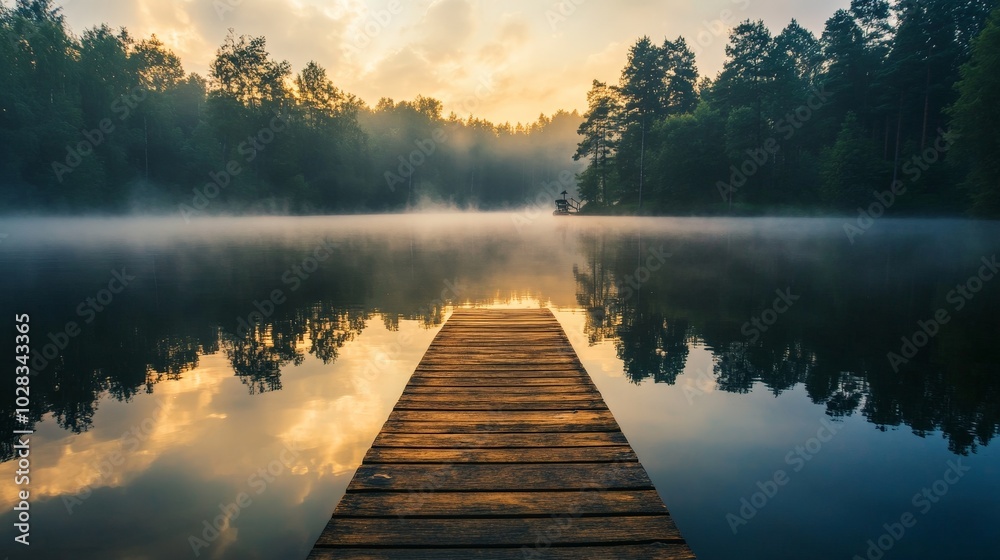 A peaceful lakeside at sunrise, with mist rising from the still water. A wooden dock extends into the lake, and the surrounding trees reflect perfectly on the glassy surface. A peaceful lakeside at sunrise, with mist rising from the still water. A wooden dock extends into the lake, and the surrounding trees reflect perfectly on the glassy surface.
