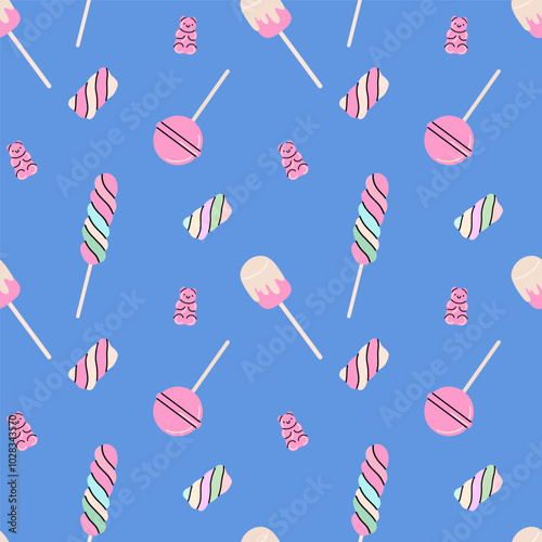Sweets and candy seamless pattern. Chocolate, different lollipop, marmalade. Confectionery textile, wrapping paper, wallpaper design. Print christmas and birthday kids present cartoon flat background