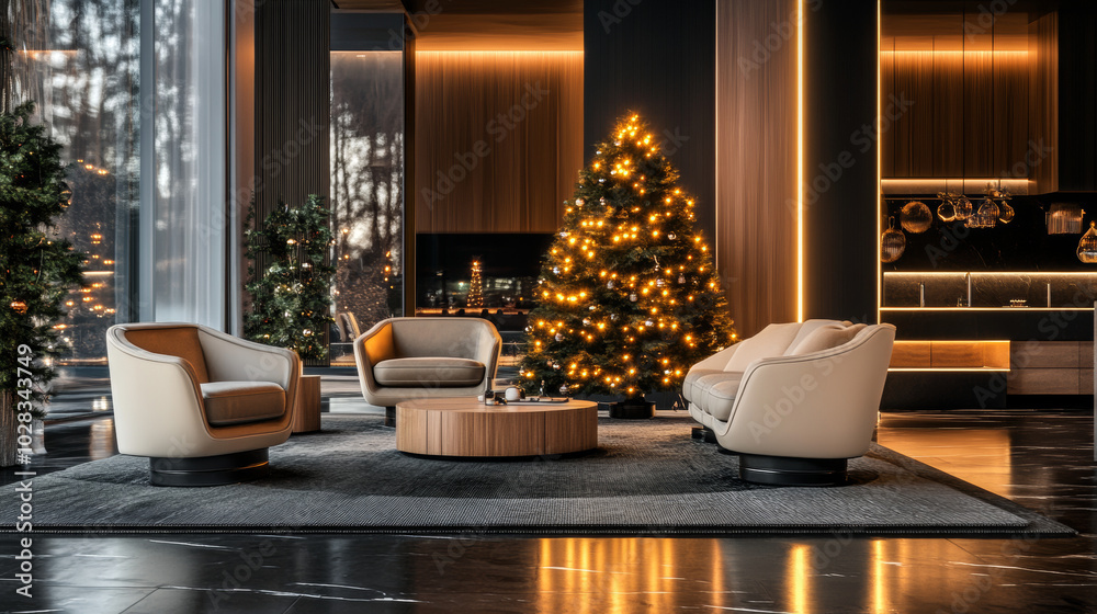 Create an illustration featuring a cozy living room interior, complete with a sofa, a mirror, a beautifully decorated Christmas tree, and festive decorations. The design should evoke the warmth and ch Create an illustration featuring a cozy living room interior, complete with a sofa, a mirror, a beautifully decorated Christmas tree, and festive decorations. The design should evoke the warmth and ch