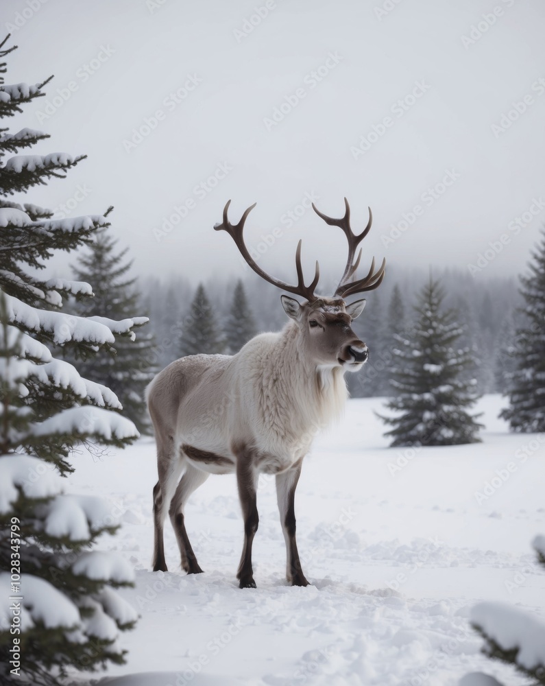 Majestic Reindeer in Snowy Winter Landscape. Majestic Reindeer in Snowy Winter Landscape.