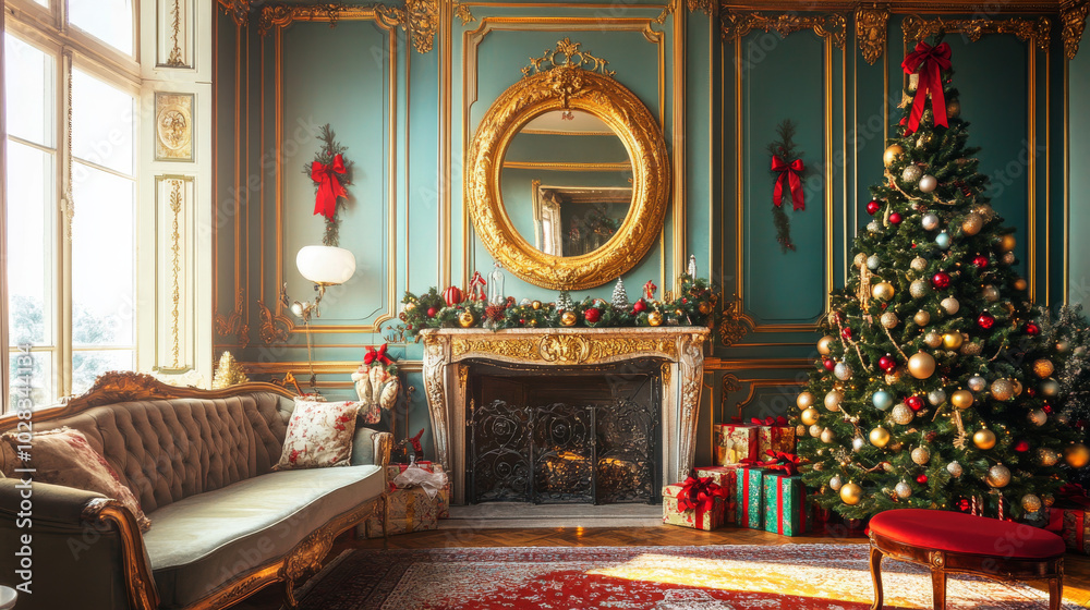 Create an illustration featuring a cozy living room interior, complete with a sofa, a mirror, a beautifully decorated Christmas tree, and festive decorations. The design should evoke the warmth and ch Create an illustration featuring a cozy living room interior, complete with a sofa, a mirror, a beautifully decorated Christmas tree, and festive decorations. The design should evoke the warmth and ch