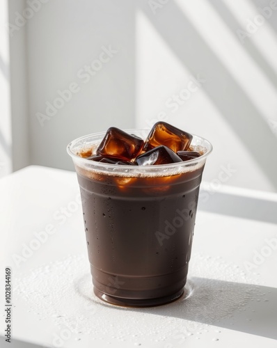 Iced Coffee in a Plastic Cup with Ice Cubes.