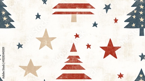 Patriotic Christmas Seamless Pattern: Red, white, and blue stars and stylized Christmas trees create a festive and vintage-inspired holiday design. Perfect for wrapping paper, fabric.