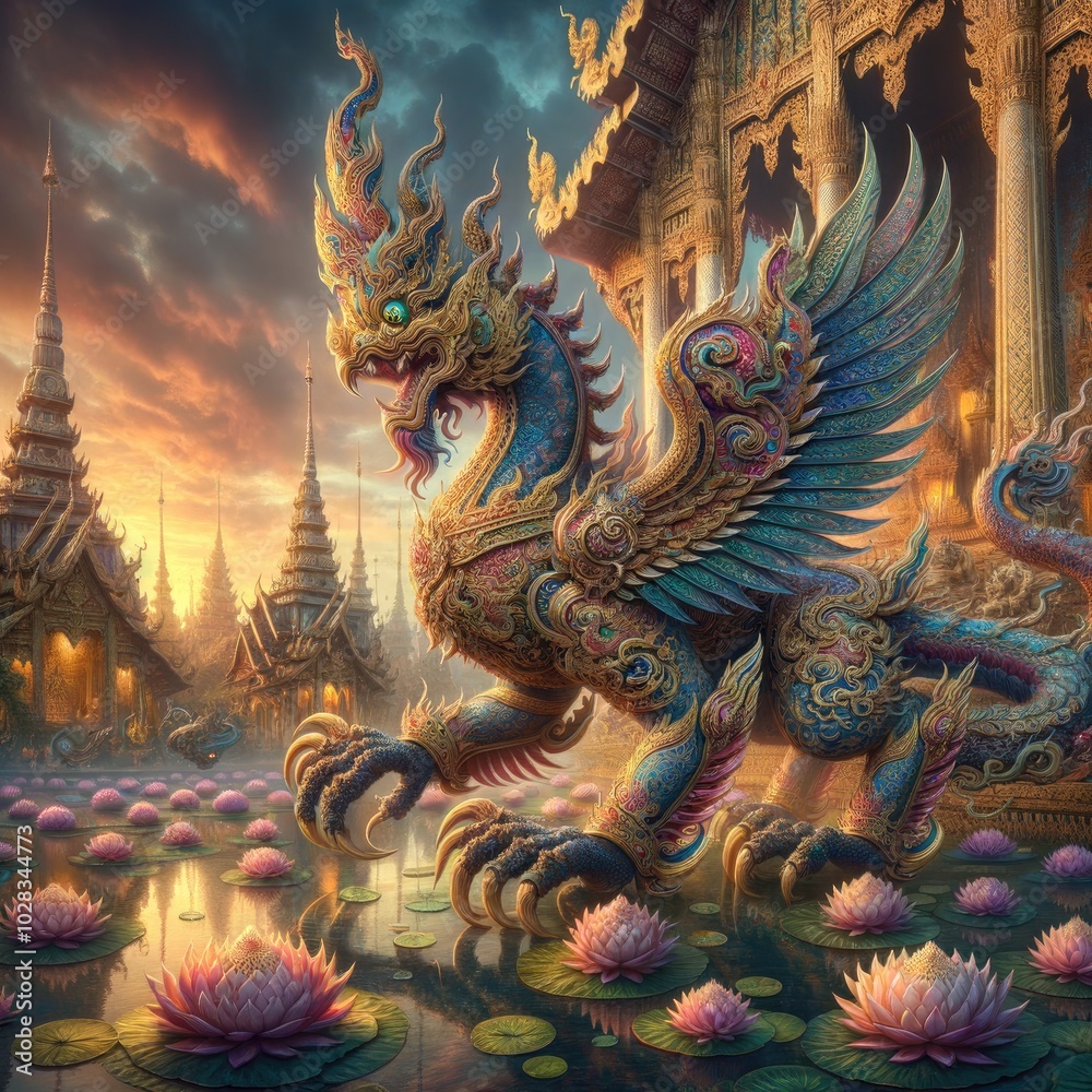 Fototapeta premium Majestic Guardians of the Lotus Temple: Intricately Decorated Mythical Beasts in a Golden Kingdom at Sunset