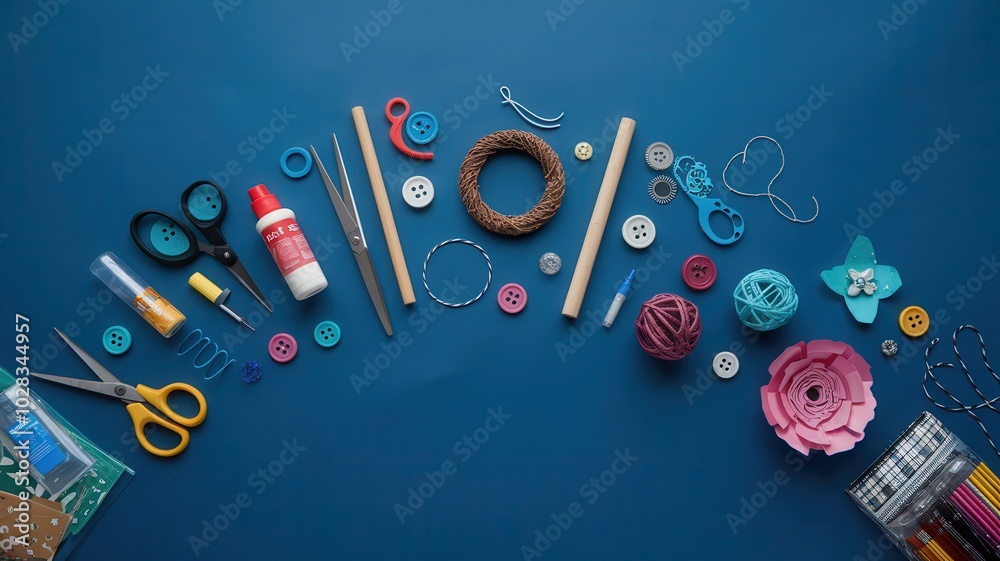 Obraz premium Crafting supplies arranged on dark surface in circular pattern