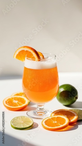 Glass of Orange Beer with Fresh Oranges and Limes. photo